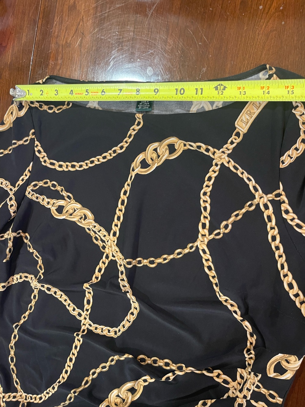Lauren Ralph Lauren Black Gold Chain Print Faux Wrap Dress 14 Stretchy Ruched - Picture 13 of 16